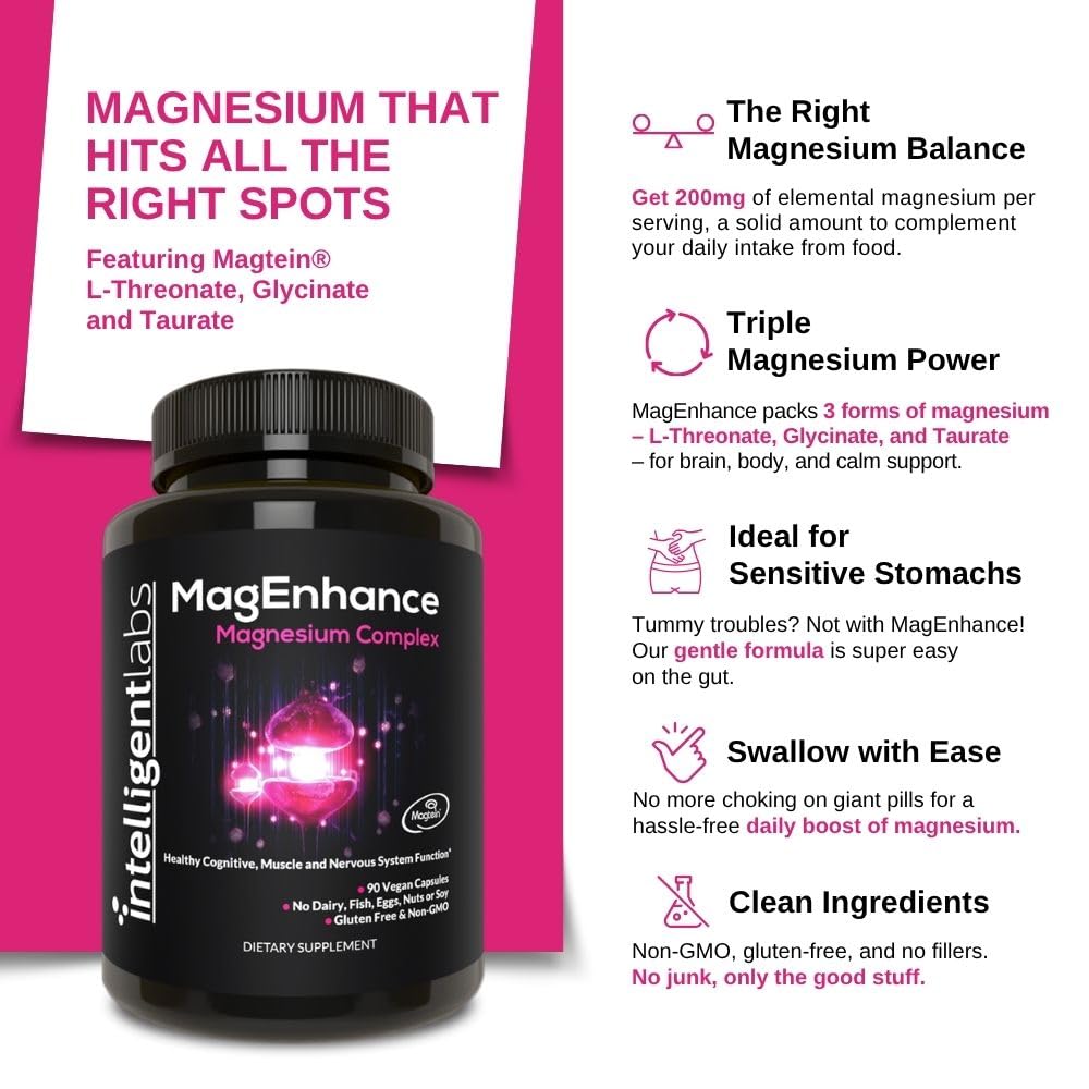 MagEnhance Magnesium Complex, Magtein® L-Threonate, Glycinate for Sleep | Magtein® L-Threonate, Glycinate & Taurate for Sleep, Brain Health, and Relaxation. Gentle on the Stomach. 30-Day Supply