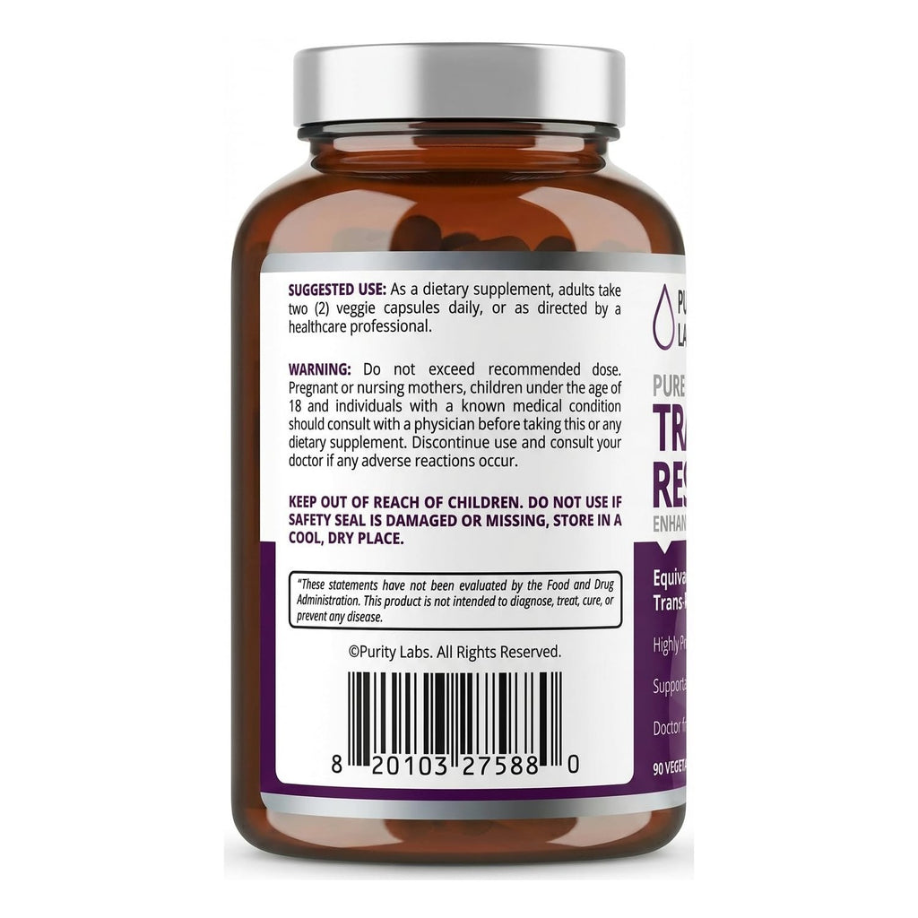Purity Labs Trans-Resveratrol Supplement 5,000 mg Equivalent per Serving with Quercetin, USDA Organic High Potency Antioxidant, Vegan Capsules, 90 Count