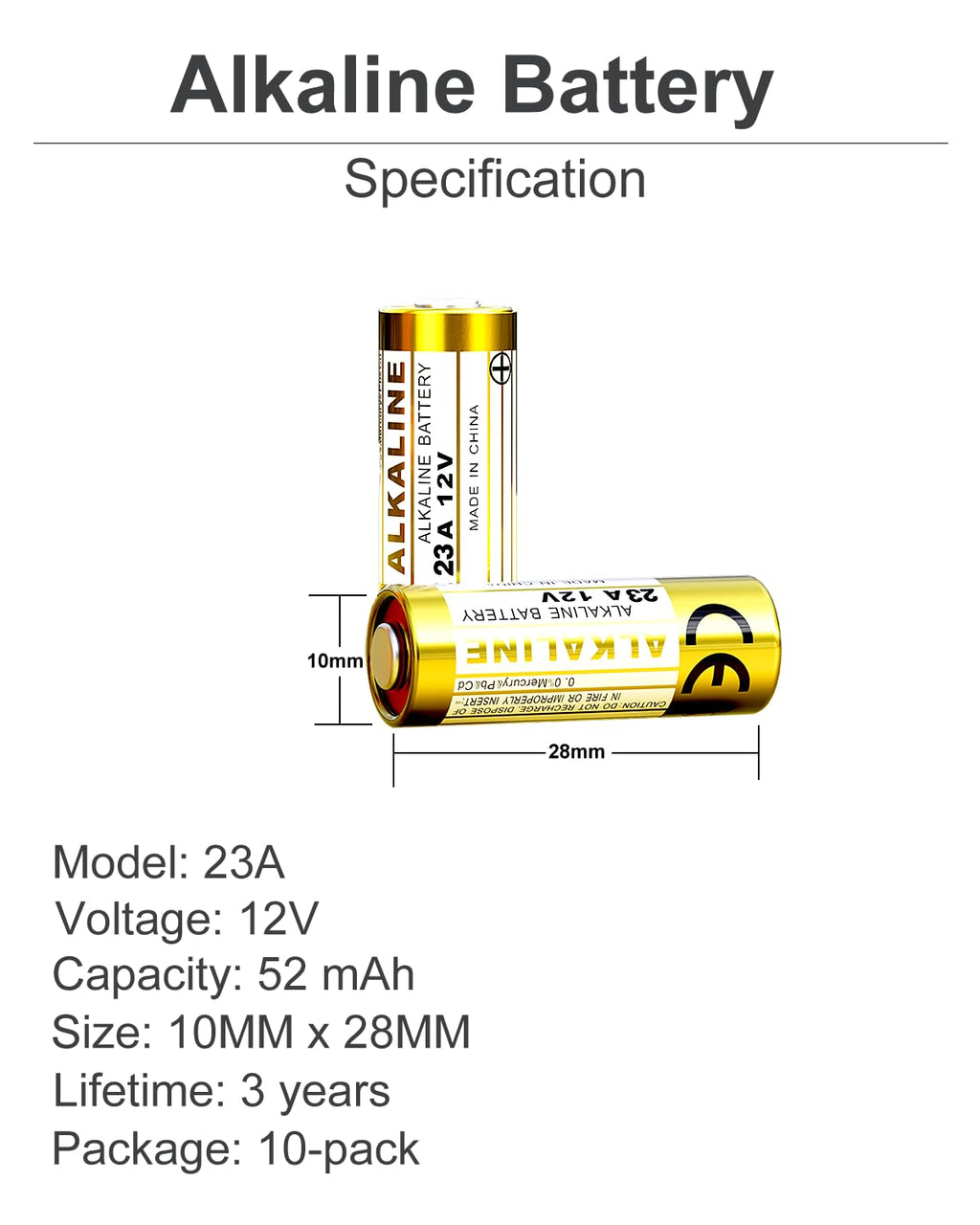 A23 23A 12 Volt Battery (10-Pack), MN21/23 12V Alkaline Battery
