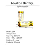 A23 23A 12 Volt Battery (10-Pack), MN21/23 12V Alkaline Battery