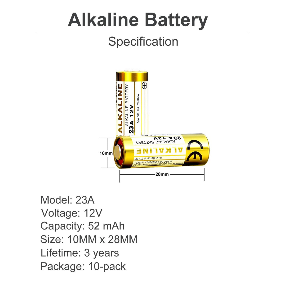 A23 23A 12 Volt Battery (10-Pack), MN21/23 12V Alkaline Battery