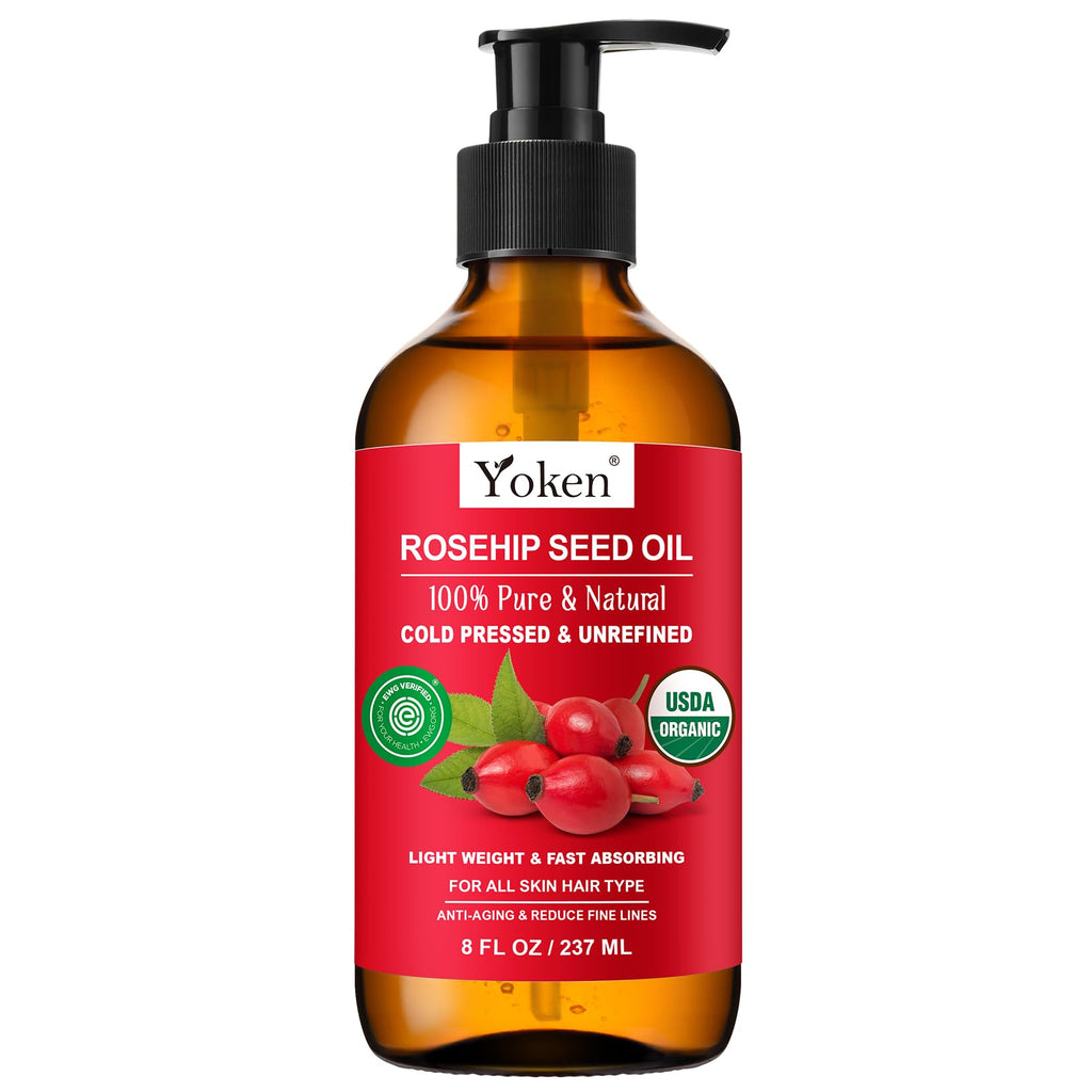 Yoken Cold Pressed Organic Rosehip Seed Oil for Face, Hair & Body, 4 fl oz | Rosehip Oil for Face Hair Body and Nails Rich in Essential Fatty Acids Lightweight Moisturizing Carrier Oil