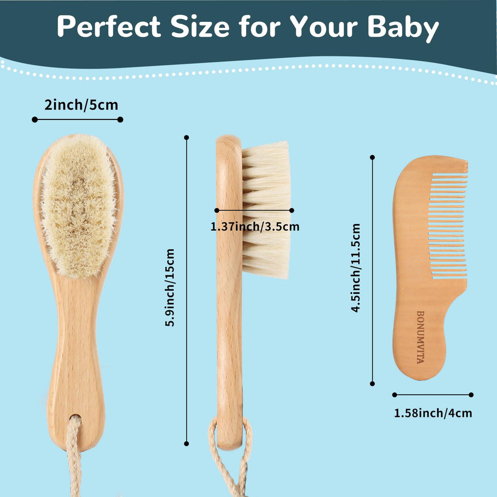 Baby Hair Brush and Comb Set with Soft Goat Bristle