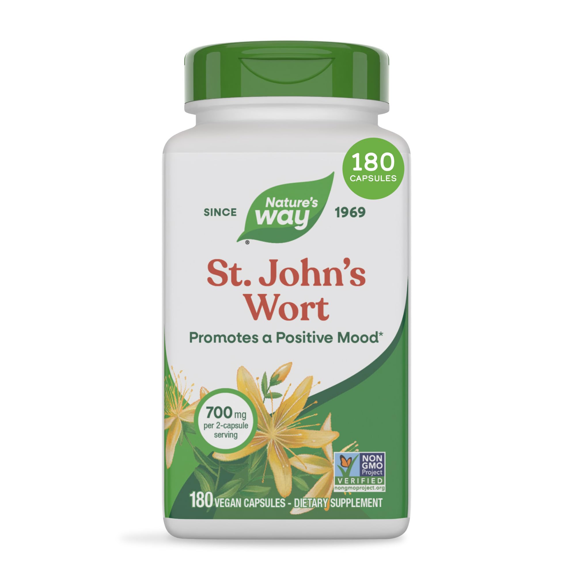 Nature's Way St. John’s Wort Capsules, 700 mg per Serving, 180 ct | Herbal Supplement Promotes a Positive Outlook*, 700 mg per 2-Capsule Serving, Non-GMO Project Verified, Vegan Capsules