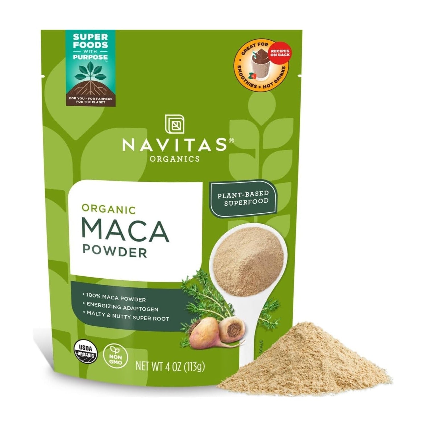 Navitas Organics Maca Powder – 100% Gelatinized Peruvian Maca for Adaptogen Smoothies, Lattes, Baking & More – Energize & Balance - USDA Organic, Non GMO, Vegan, Gluten Free (4oz. Bag, 23 Servings)