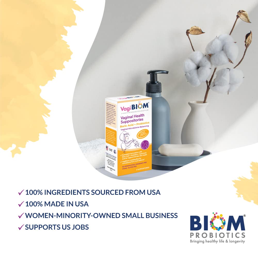VagiBiom Boric Acid Suppositories with Lactobacillus: Microbiome Flora Balance; Balance and Nourishes Healthy Flora; Paraben-Free Preservative-Free (5count)