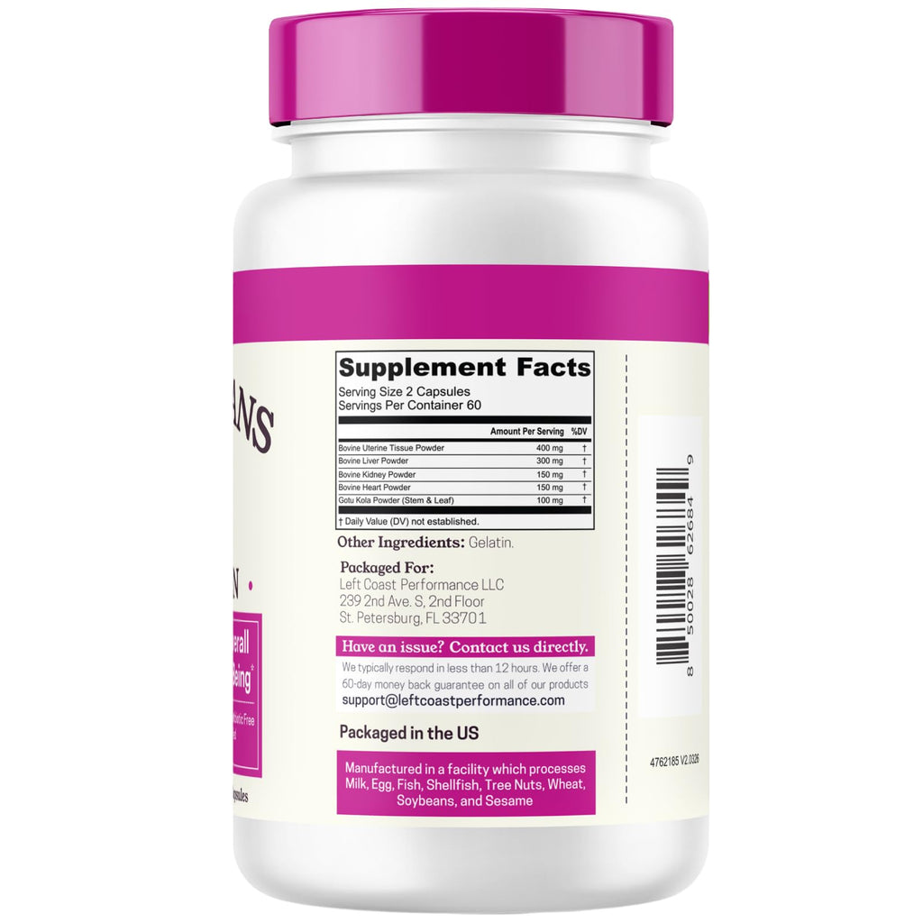 Left Coast Performance Beef Organ Supplement for Women, 120 Capsules | Beef Liver, Kidney, Heart and Uterus Tissue - Supports Women's Energy & Health - Grass Fed, Pasture Raised, 3rd Party Tested