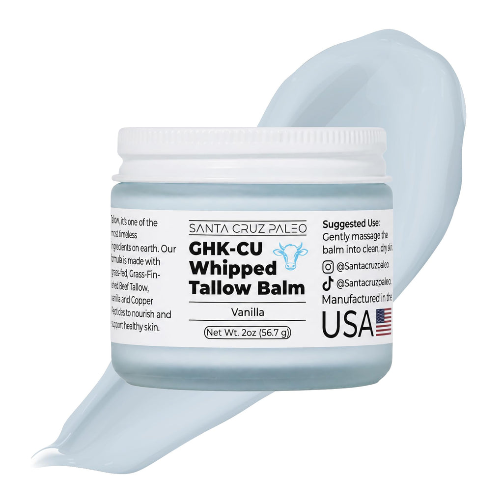 Santa Cruz Paleo GHK-Cu Whipped Tallow Balm + Copper Peptide, Vanilla, 2 Oz | Grass Fed Beef Tallow Moisturizer, Jojoba Oil, Vitamin E Skin Cream, Body Butter, Face Cream, Dry Skin Care, Body Lotion