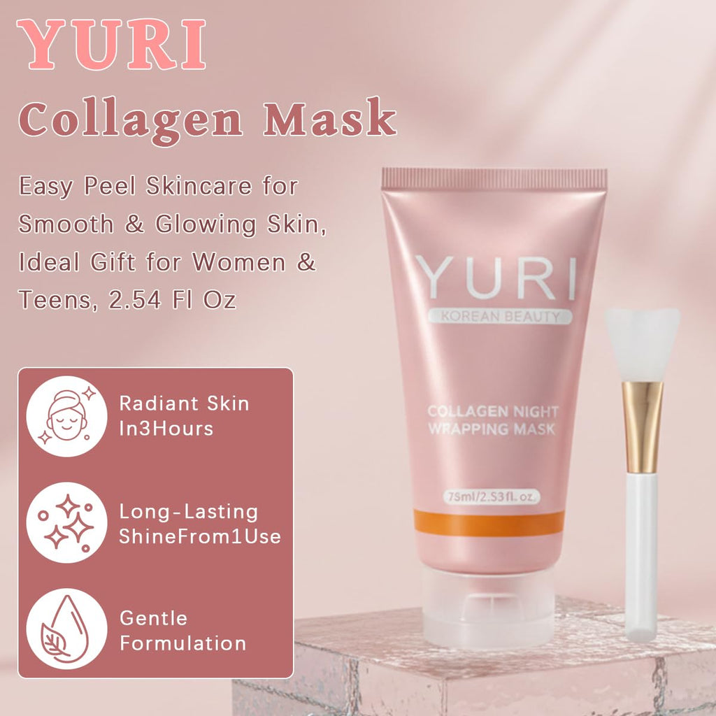 YURI Collagen Mask, Collagen Night Wrapping Mask 1PCS, Peel Off Overnight Facial Mask, Hydrating Face Mask for Skin Care, Easy Peel Sleeping Mask for Women & Teen Girls, 2.54 fl.oz