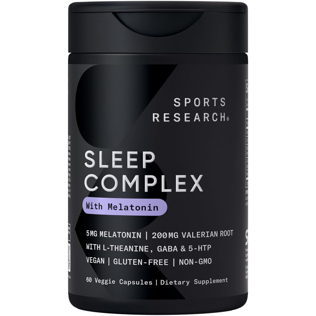 Sports Research® Sleep Complex (Melatonin-Free), 60 Veggie Capsules | Natural Sleep Aid with Valerian Root, GABA, L-Theanine, Magnesium & 5-HTP - Non-GMO Verified & Gluten Free