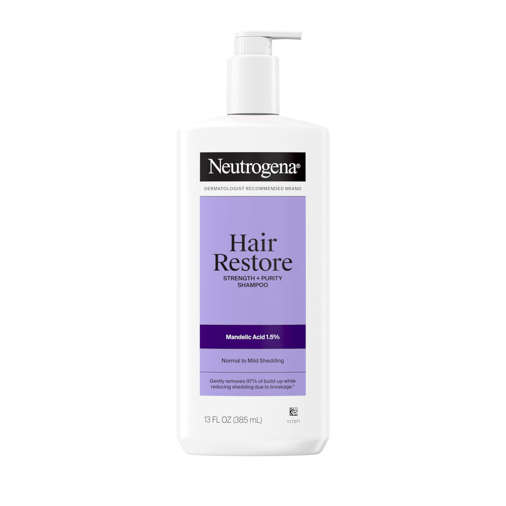 Buy now Neutrogena Hair Restore Strength + Purity Shampoo, Exfoliating Hair Wash with 1.5% Mandelic Acid Gently Removes 97% of Buildup & Reduces Shedding due to Breakage, Paraben-Free, 13 fl oz at indiglob india