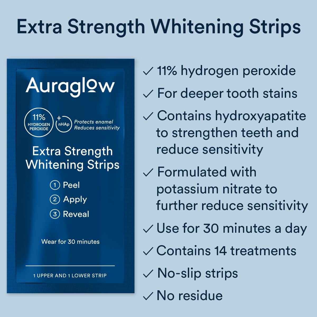 Auraglow Teeth Whitening Strips, Extra Strength Whitening Strips, 14 Whitening Treatments, 11% Hydrogen Peroxide with Nano Hydroxyapatite to Reduce Sensitivity & Protect Enamel, 28 Strips, Mint