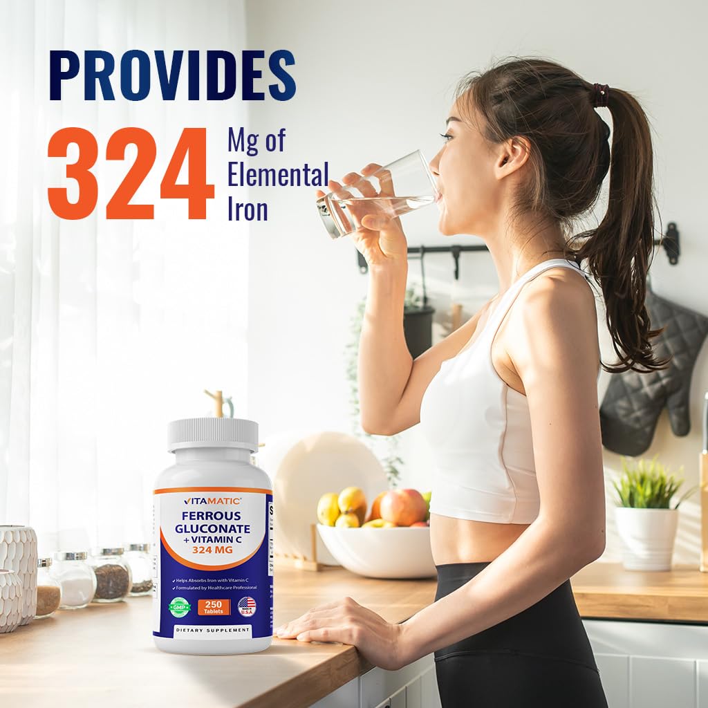 Vitamatic Ferrous Gluconate 324 mg + Vitamin C 100 mg - No Artificial Color Additives - Gentle on Stomach - 250 Tablets - Made in USA