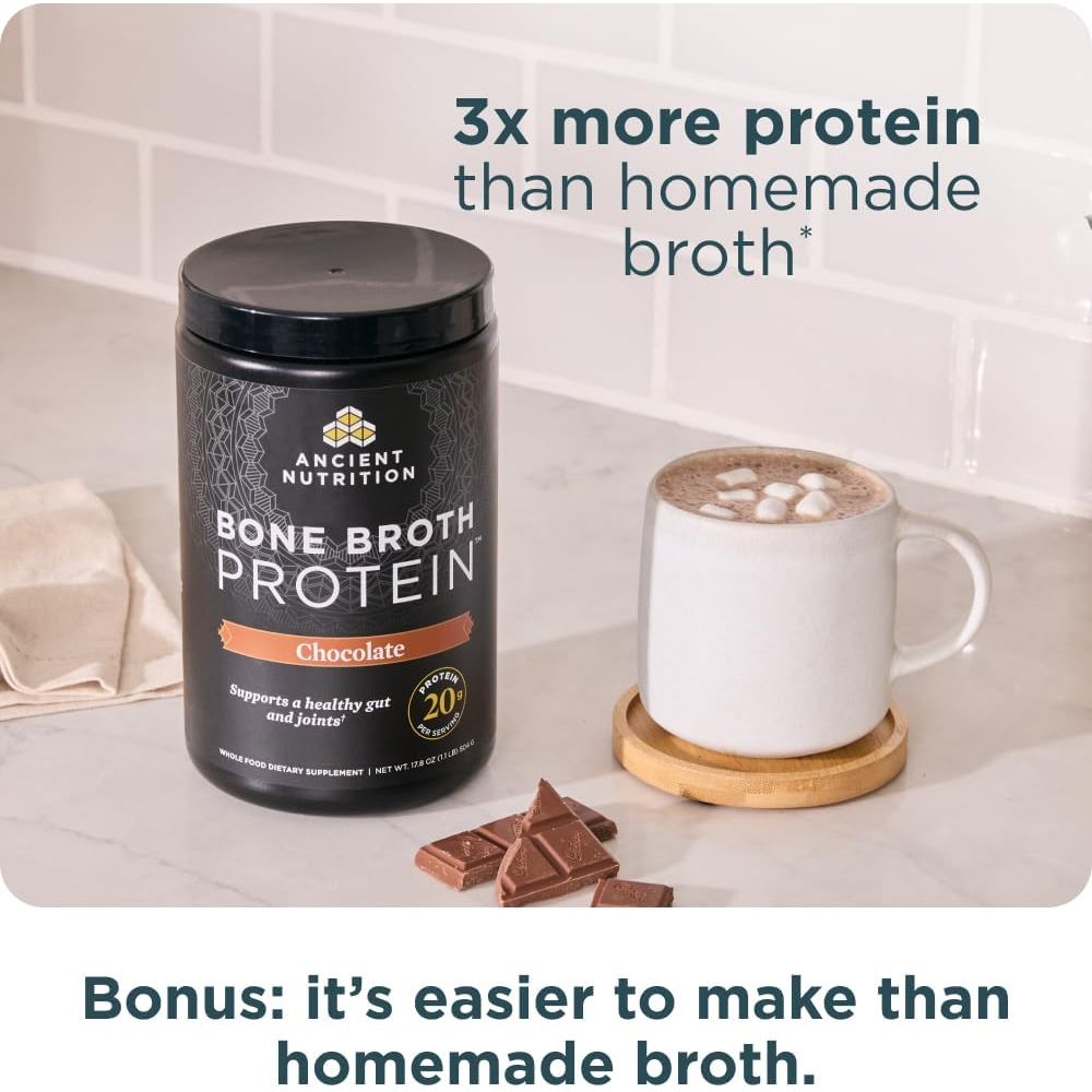 Buy now Ancient Nutrition Protein Powder Made from Real Bone Broth, Chocolate, 20g Protein Per Serving, 20 Serving Tub, Gluten Free Hydrolyzed Collagen Peptides Supplement, Great in Protein Shakes at indiglob india