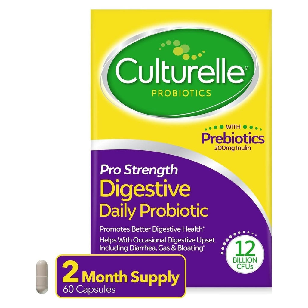 Culturelle Pro Strength Probiotics for Digestive Gut Health*, 12B CFU, 60ct | Daily Prebiotic Probiotic for Women & Men, Synbiotic, Lactobacillus Rhamnosus GG, No Refrigeration Needed, 2 Month Supply