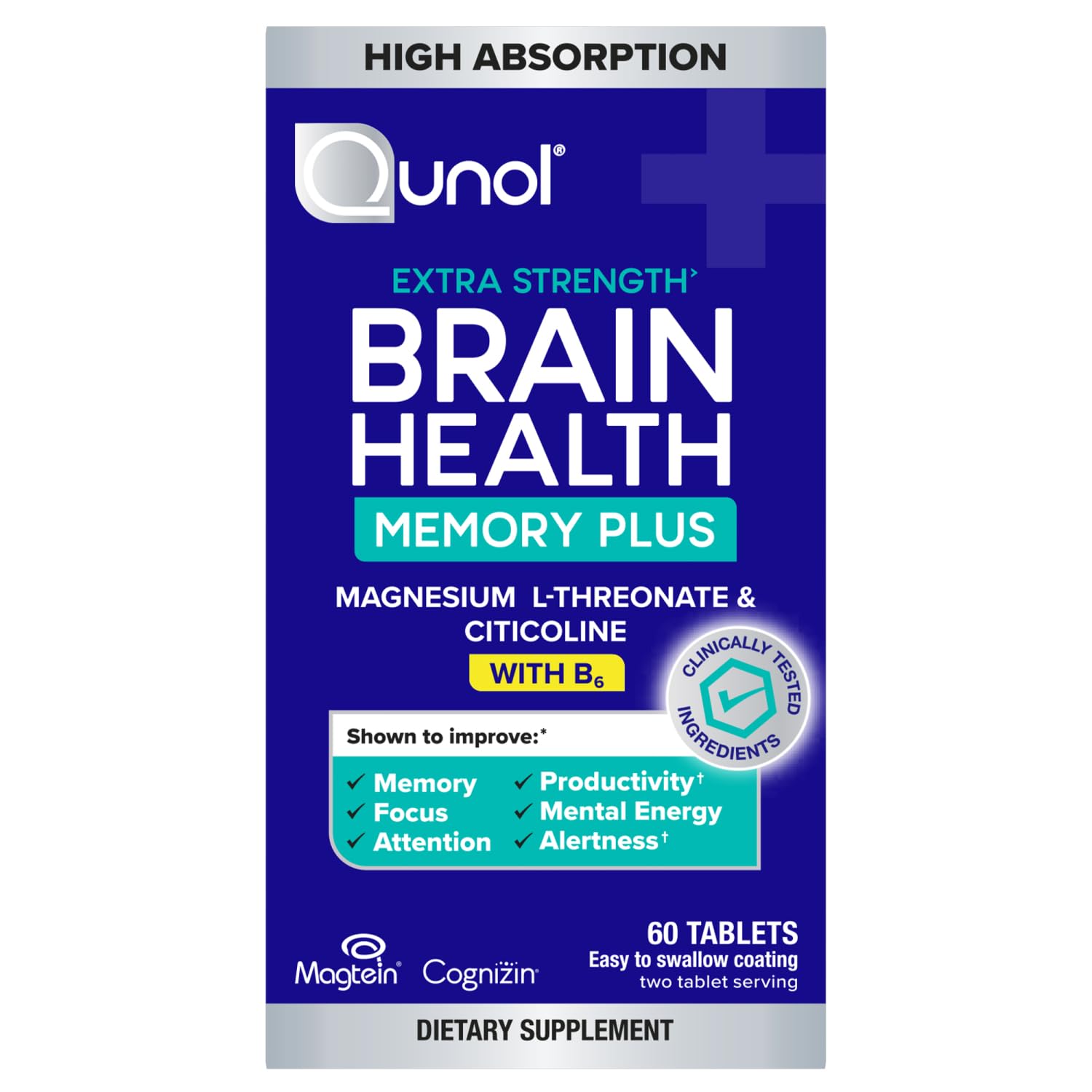 Qunol Brain Health Memory Plus w/Magtein, Cognizin & Vitamin B6, 90ct | Combines Two Clinically Tested, High Absorption Ingredients to Improve Memory, Focus, Attention, Productivity