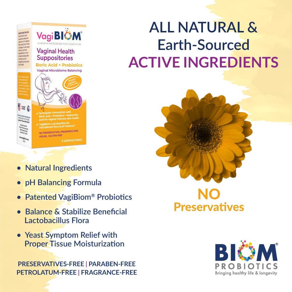 VagiBiom Boric Acid Suppositories with Lactobacillus: Microbiome Flora Balance; Balance and Nourishes Healthy Flora; Paraben-Free Preservative-Free (5count)