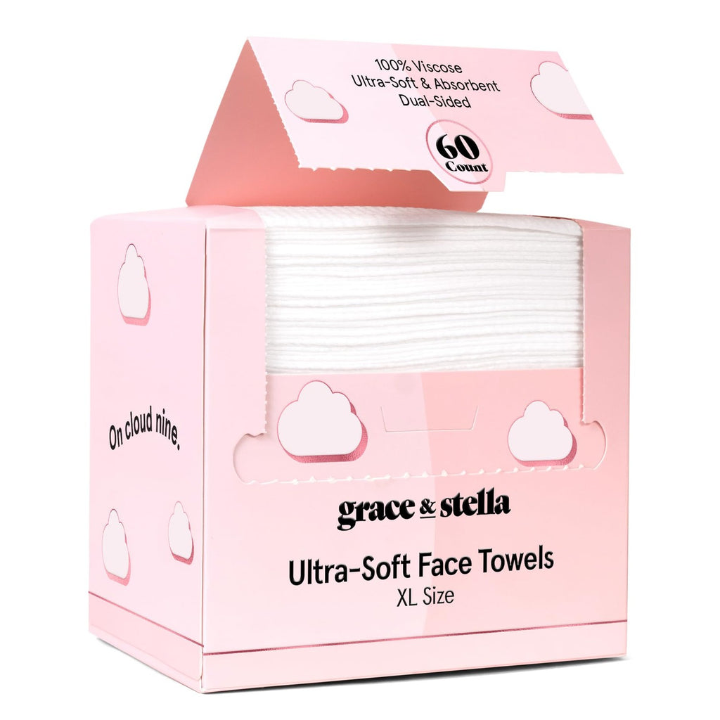 grace & stella Face Towels Disposable - Travel Essentials (60 Count) | Ultra-Soft & Absorbent Face Wipes Towelettes - XL Facial Towels for Cleansing & Makeup Removal - Lint-Free Facial Tissue