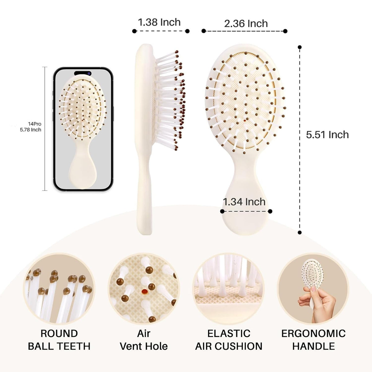 Premium RHOS folding brush with mirror, featuring round ball teeth, air vent hole, and ergonomic handle for easy styling.