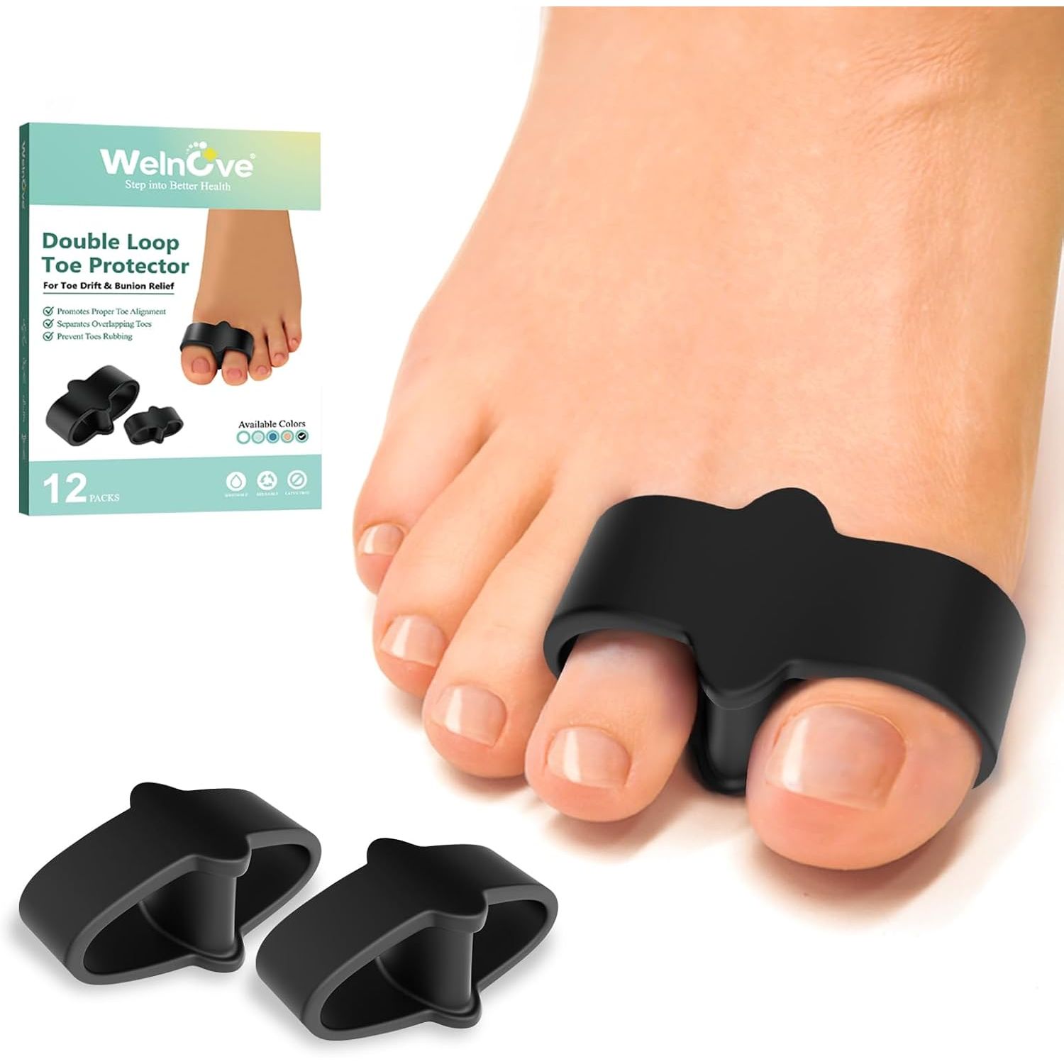 Buy now Welnove Pack of 12 Bunion Corrector, Toe Separators with 2 Loops, Big Toe Spacer Suitable for Bunion and Overlap Toe (White) Black at indiglob india