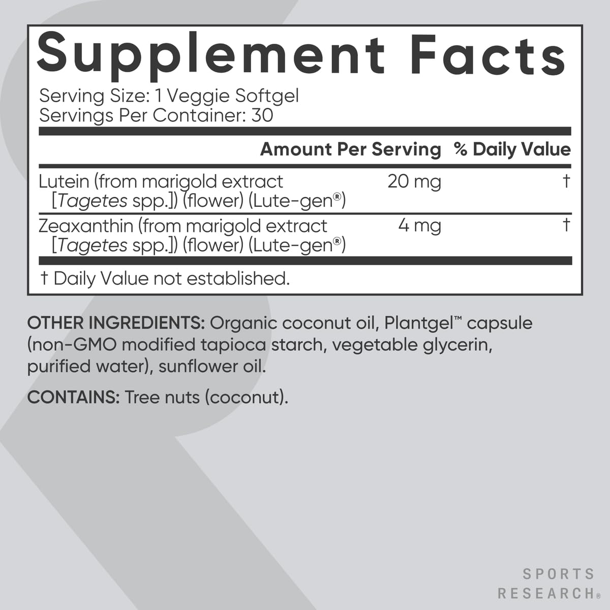 Sports Research® Lutein + Zeaxanthin w/Organic Coconut Oil, 30 Plantgels™ | Vegan Lutein w/ Lute-Gen® Eye Health Supplement | Plant-Based, Vegan Certified, Non-GMO Verified - 30 Servings
