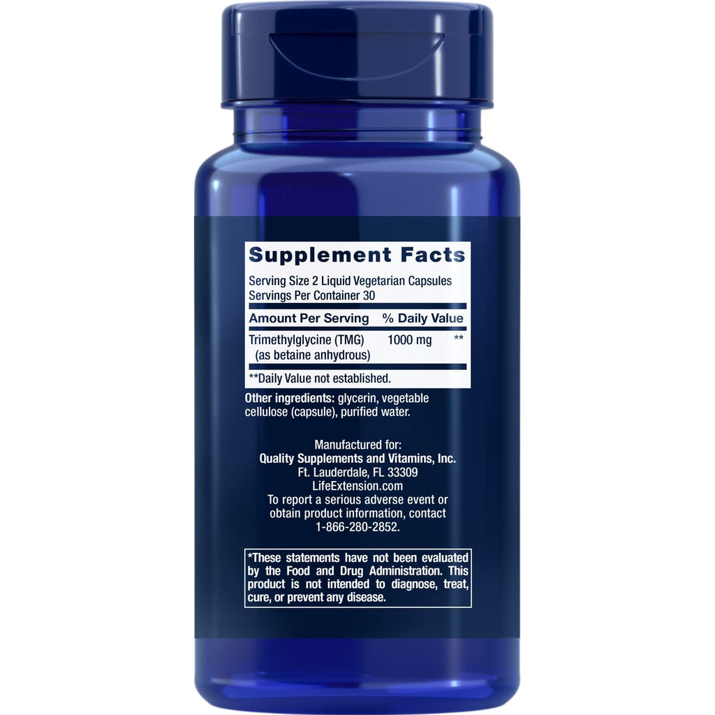 Life Extension TMG, trimethylglycine, Encourages Healthy homocysteine Levels, Non-GMO, Gluten-Free, Vegetarian, 60 Capsules | Trimethylglycine (TMG) Helps Maintain Already Normal Homocysteine Levels, Non-GMO, Gluten-Free & Vegetarian Capsules