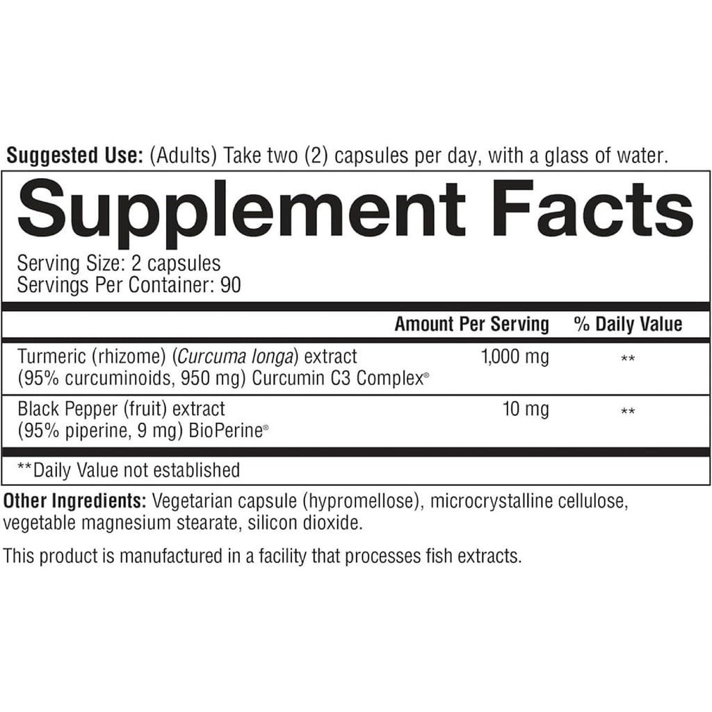 Youtheory Turmeric Extra Strength, 1,000 mg, 180 Capsules, Pack of 2 | Clinically Studied Curcumin C3 Complex, 95% Total Curcuminoids, BioPerine Black Pepper for Absorption, Joint Support*