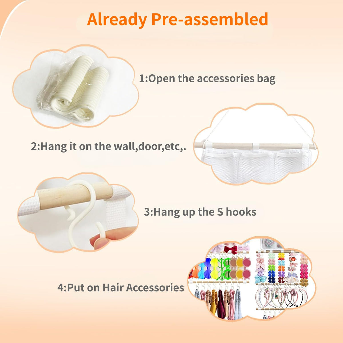 Headband Holder Hair Bows Organizer for Girls, Large Capacity Bow Holder, Pre-Assembled Hair Accessories Wall Hanging Organizer for Toddler Baby Girl Nursery Room Décor