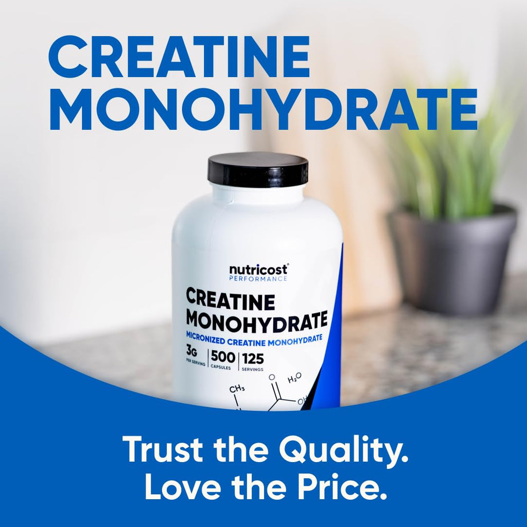 Nutricost Micronized Creatine Monohydrate (3,000mg) 500 Capsules | 125 Servings, 750mg Creatine Per Capsule