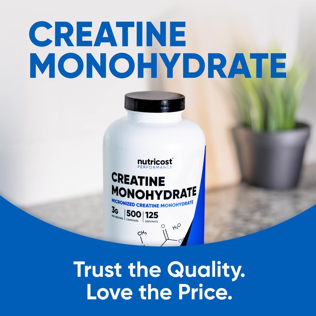 Nutricost Micronized Creatine Monohydrate (3,000mg) 500 Capsules | 125 Servings, 750mg Creatine Per Capsule