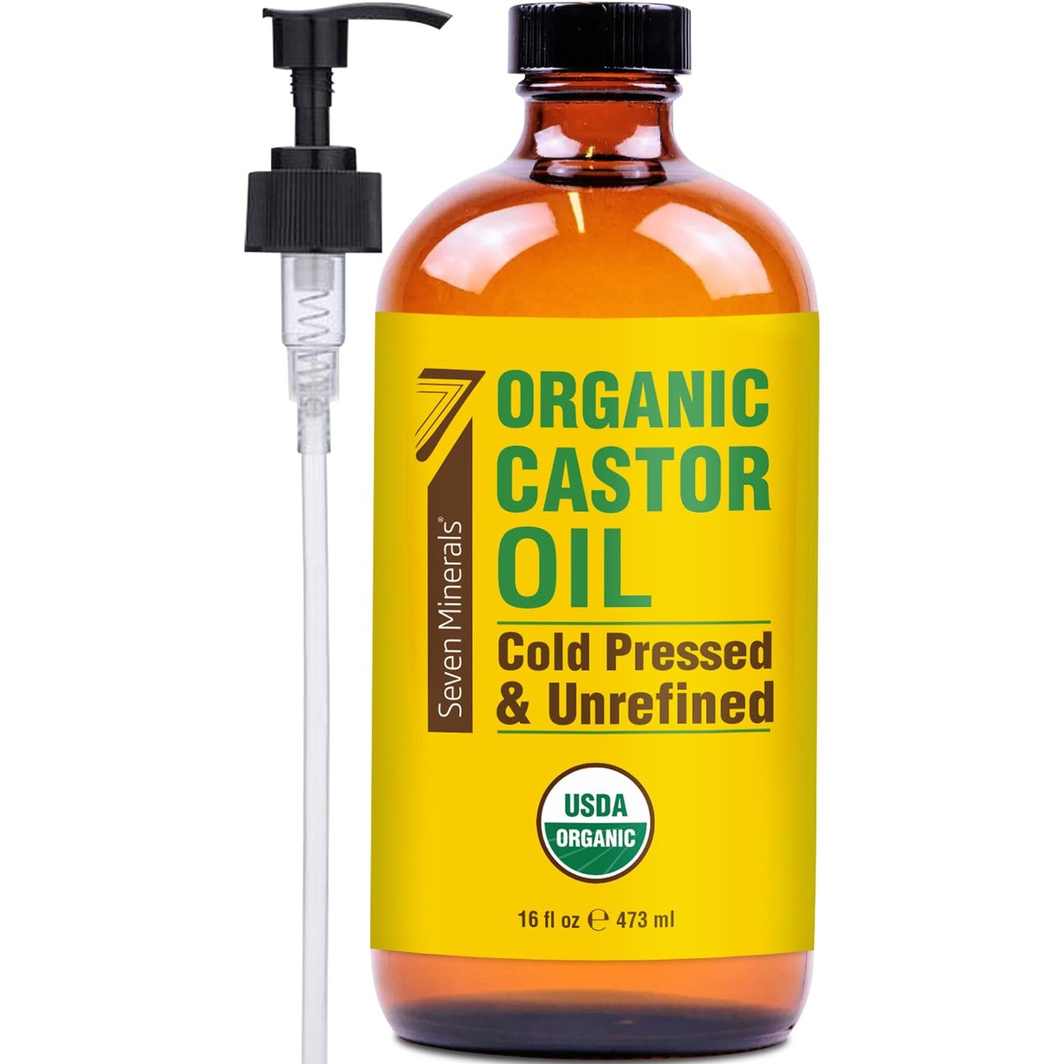 Seven Minerals USDA Organic Castor Oil - Big 16 oz Glass Bottle with Pump - 100% Pure Cold Pressed Unrefined Hexane Free - for Hair Growth, Eyelashes, Eyebrows, Skin, Cuticles & Caster Oil Packs