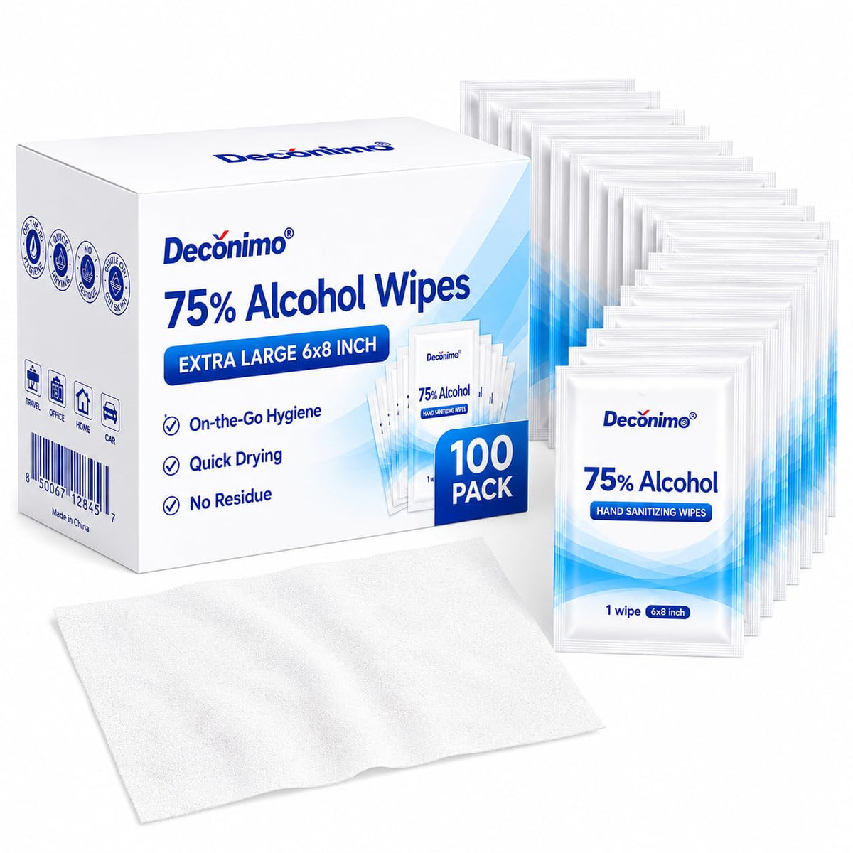 Extra Large 75% Alcohol Wipes, 100 Individually Wrapped 6 x 8 Inch Sanitizing Wipes