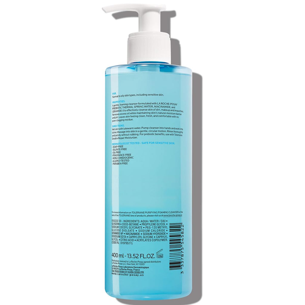 La Roche-Posay Toleriane Purifying Foaming Facial Cleanser, 13.52oz | Oil free face wash for sensitive skin with niacinamide and ceramides. Pore cleanser that won’t dry out skin and is soap free.