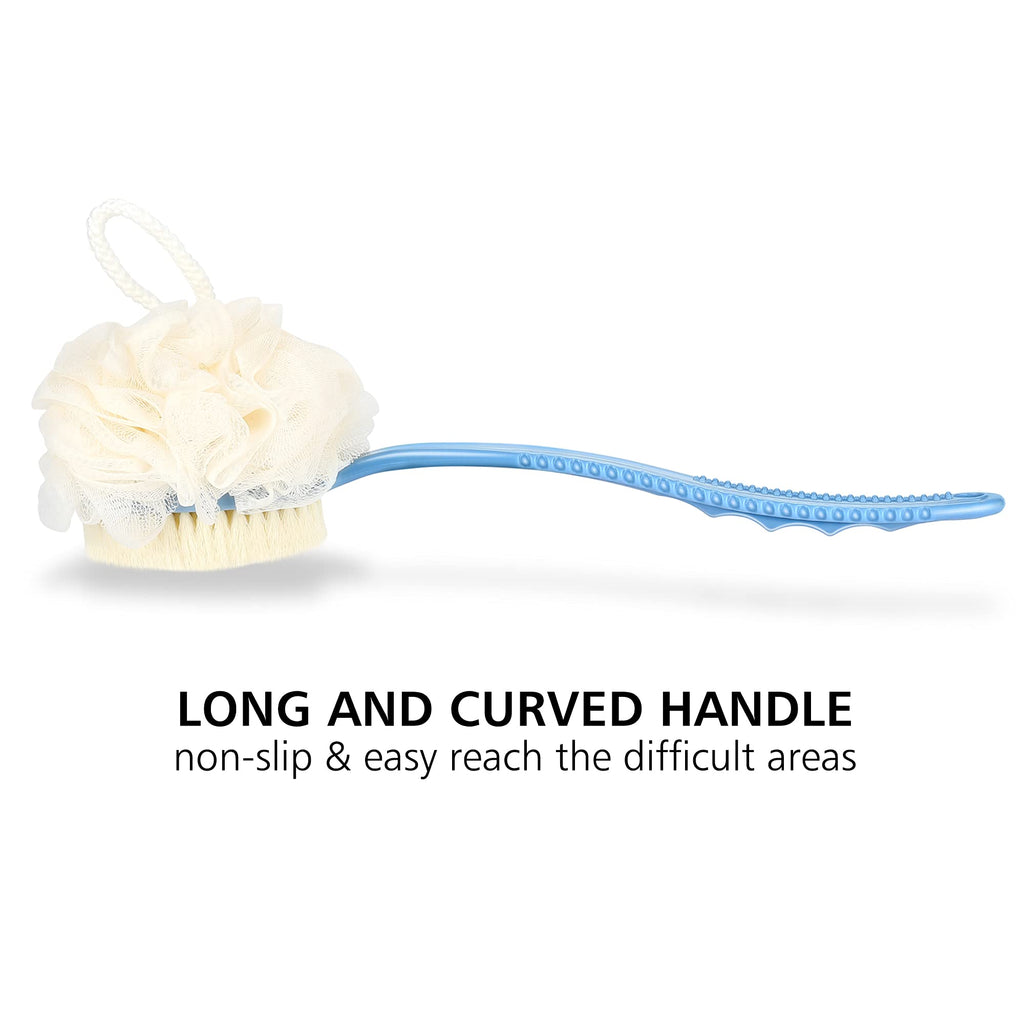 Shower Body Brush Bristles & Mesh Loofah Sponge,Curved Handle Back Scrubber | Long Handle Bath Brush with Mesh Sponge for Skin Exfoliating,Massage Bristles Suitable for Wet or Dry,Men & Women(Blue)