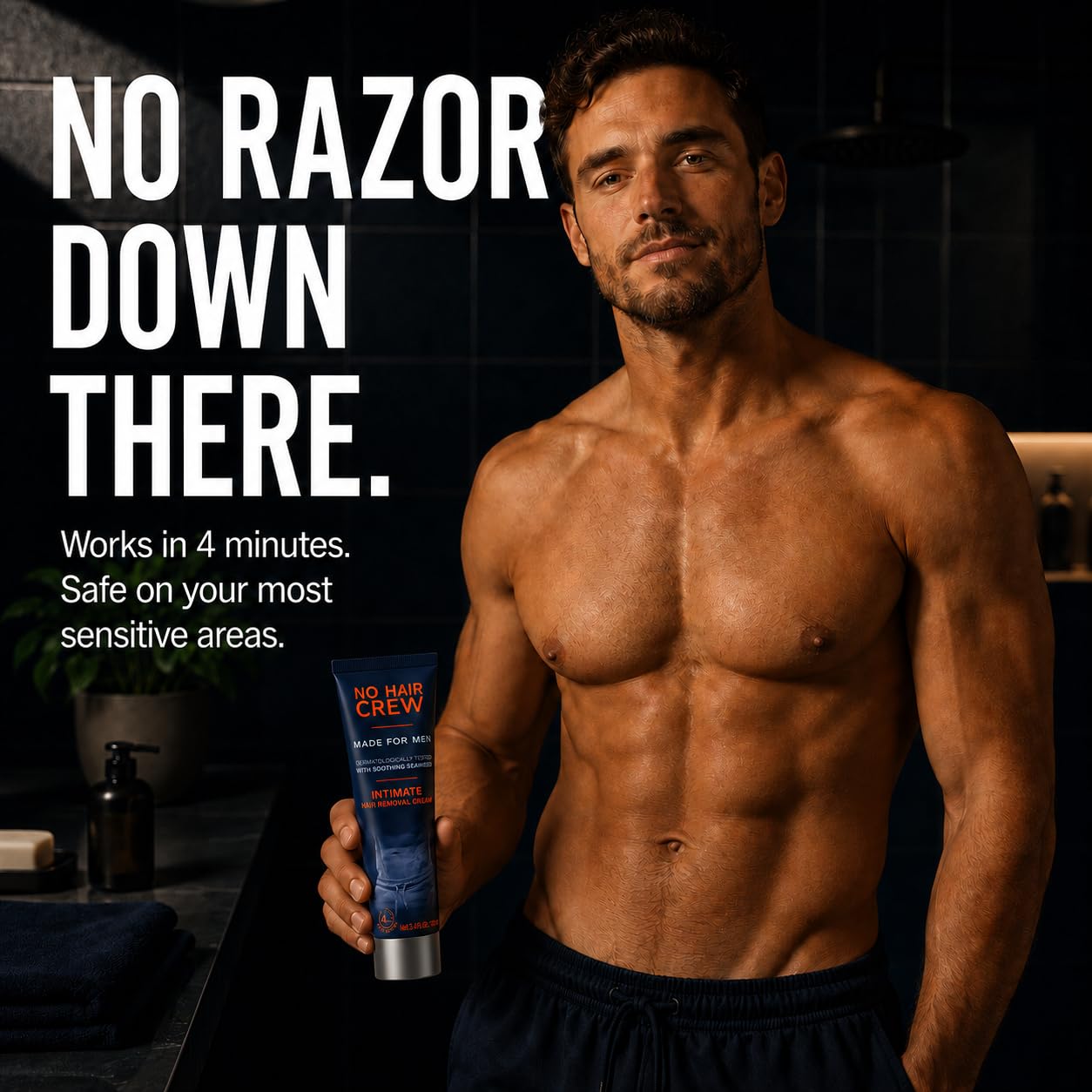 No Hair Crew Intimate/Private At Home Hair Removal Cream for Men - Painless, Flawless, Soothing Depilatory for Unwanted Coarse Male Body Hair, 100ml