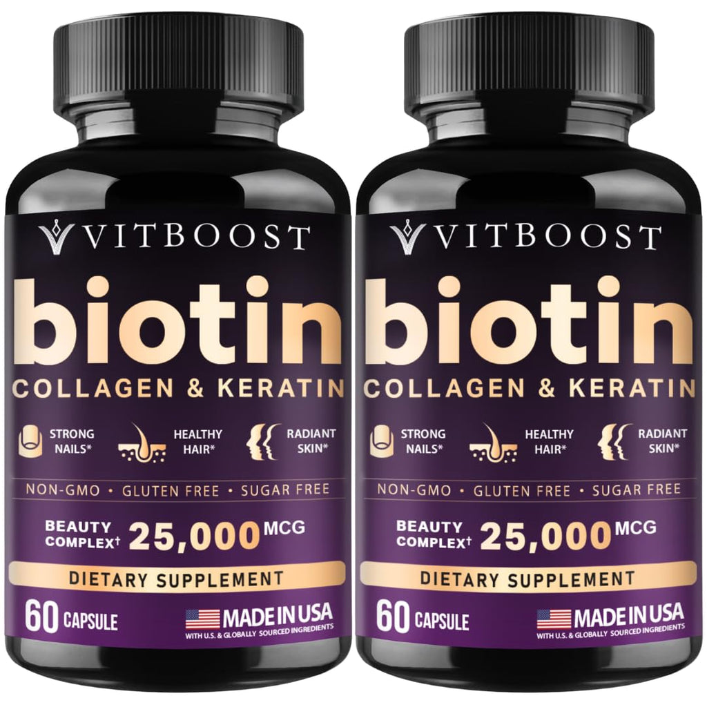 VITBOOST Biotin with Hyaluronic Acid, Collagen and Keratin - 60Ct, 25000mcg | Hair Growth Vitamins for Men and Women - Nails and Skin, USA Made - Third Party Tested, B1, B2, B3, B6, B7 Complex