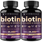 VITBOOST Biotin with Hyaluronic Acid, Collagen and Keratin - 60Ct, 25000mcg | Hair Growth Vitamins for Men and Women - Nails and Skin, USA Made - Third Party Tested, B1, B2, B3, B6, B7 Complex