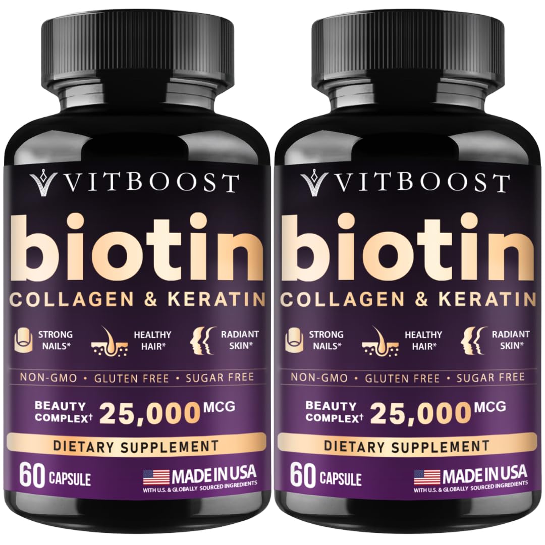 VITBOOST Biotin with Hyaluronic Acid, Collagen and Keratin - 60Ct, 25000mcg | Hair Growth Vitamins for Men and Women - Nails and Skin, USA Made - Third Party Tested, B1, B2, B3, B6, B7 Complex