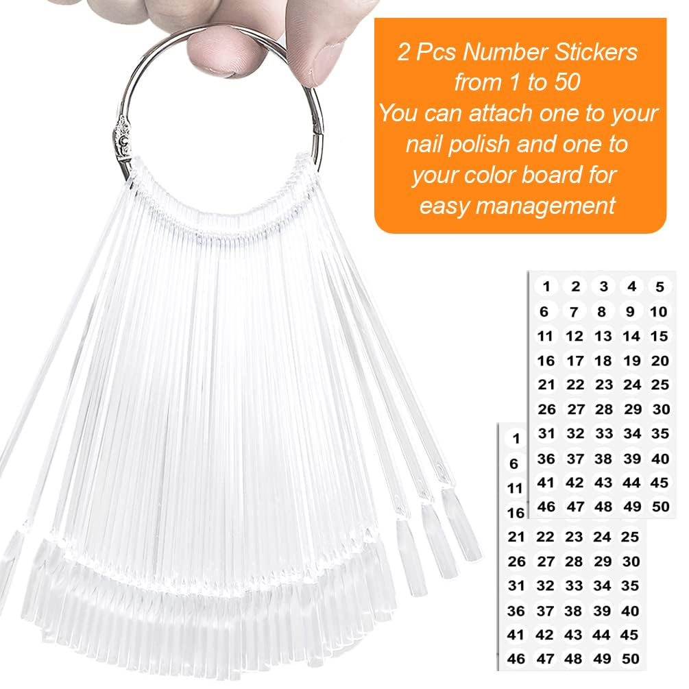 50Pcs Nail Swatch Sticks, Nail Polish Practice Display Tips, Clear | Nail Art Sample Sticks, Color Display Polish Board, Fan Shape with Number Sticker and Hanging Ring