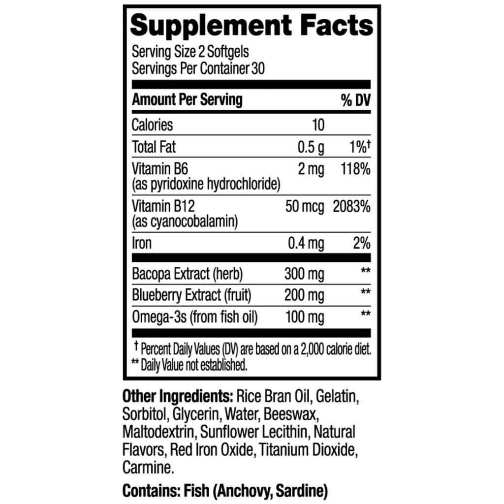 OLLY Ultra Strength Brain Softgels, Omega-3s, Vitamins B6 and B12-60 Count