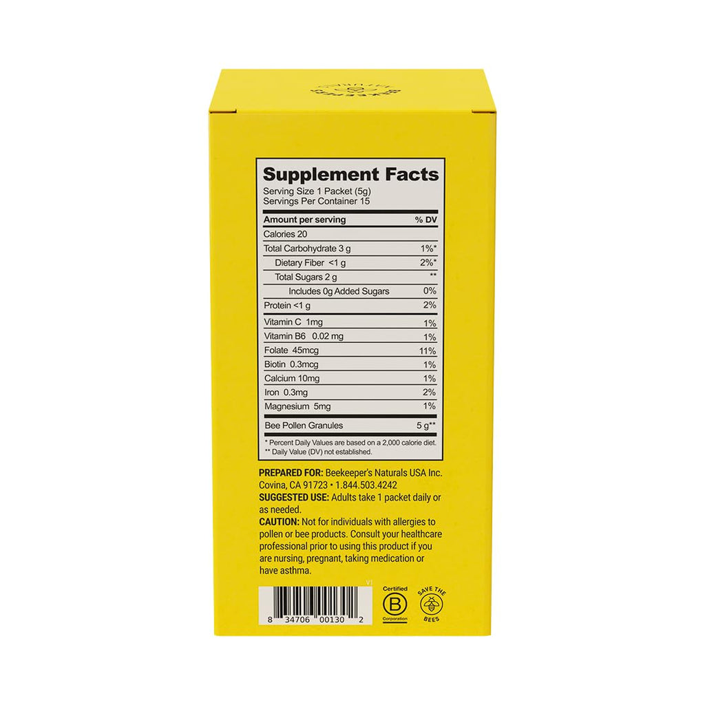 Beekeeper's Naturals 100% Raw Bee Pollen Stick Packs, Amino Acids, 15ct | Natural Preserved Enzymes, Source of Vitamin B, Minerals, Amino Acids & Protein, Paleo & Keto Friendly, Gluten Free