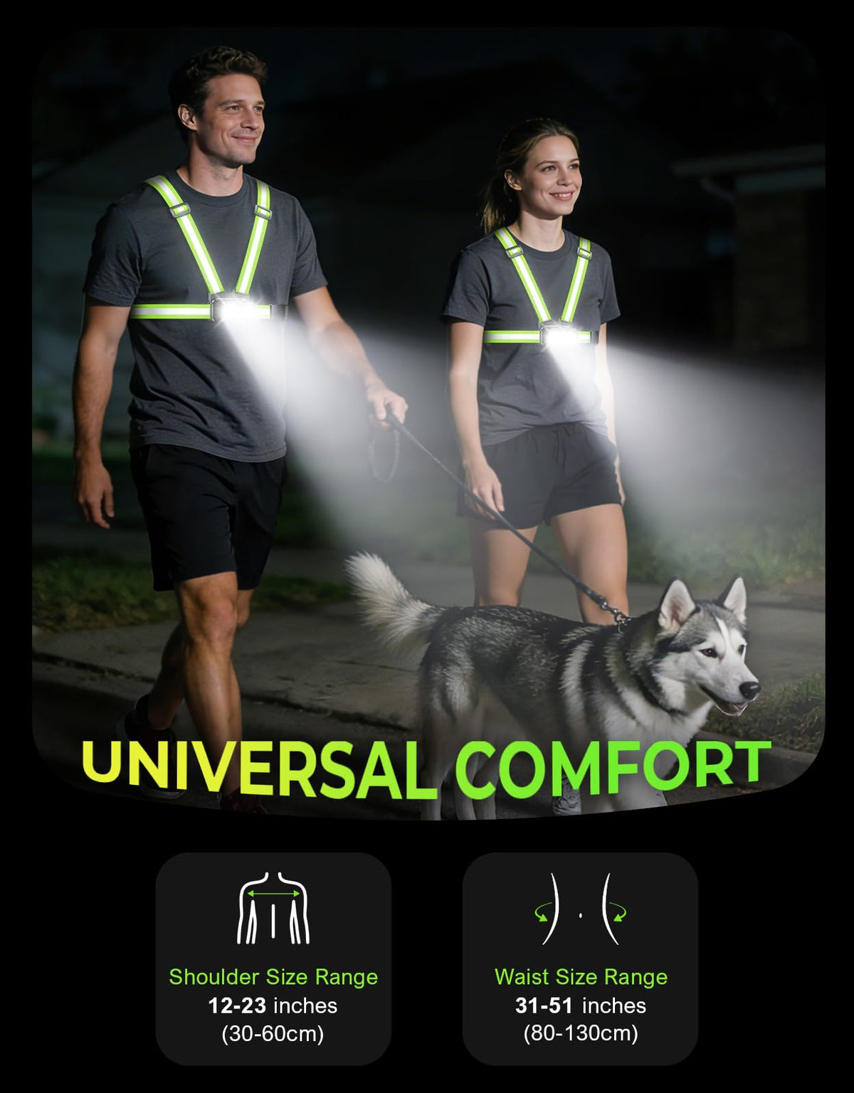 Viccux 800LM Ultra Bright & 7+2 Modes Running Lights for Runners with Rear Light, 45° Beam & 360° Reflective Vest, IPX4 Waterproof Reflective Running Vest for Night Walking/Jogging, 4-25Hrs Runtime