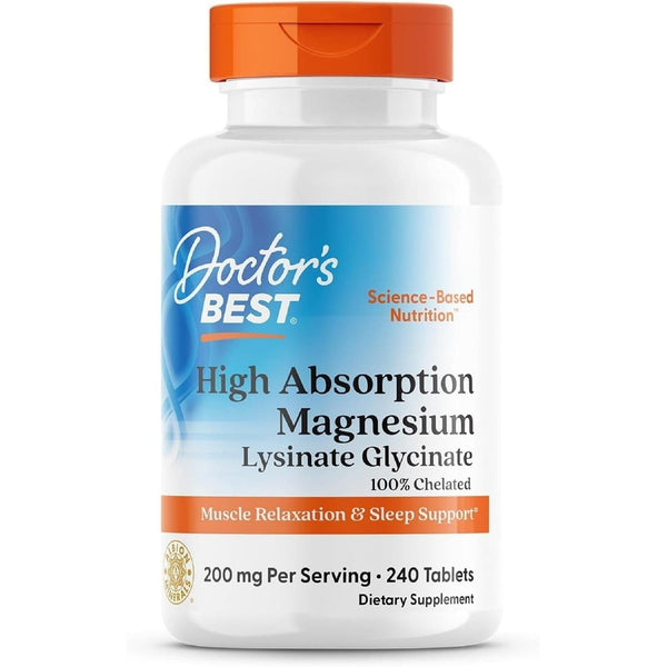 Doctorâ€™s Best High Absorption Magnesium Glycinate Lysinate Supplement - 100% Chelated for Maximum Absorption - Magnesium for Sleep and Muscle Relaxation - 200 Mg Per Serving - 240 Tablets