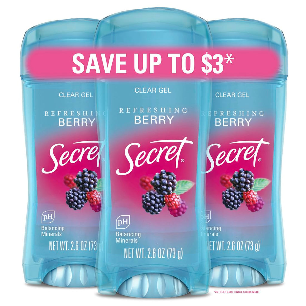 Secret Fresh Antiperspirant Deodorant for Women, 72hr Breathable Sweat & Odor Protection, Instant Freshness & Gentle, PH Balancing Minerals, Clear Gel, Cool Waterlily Scent, 2.6 oz (Pack of 3)