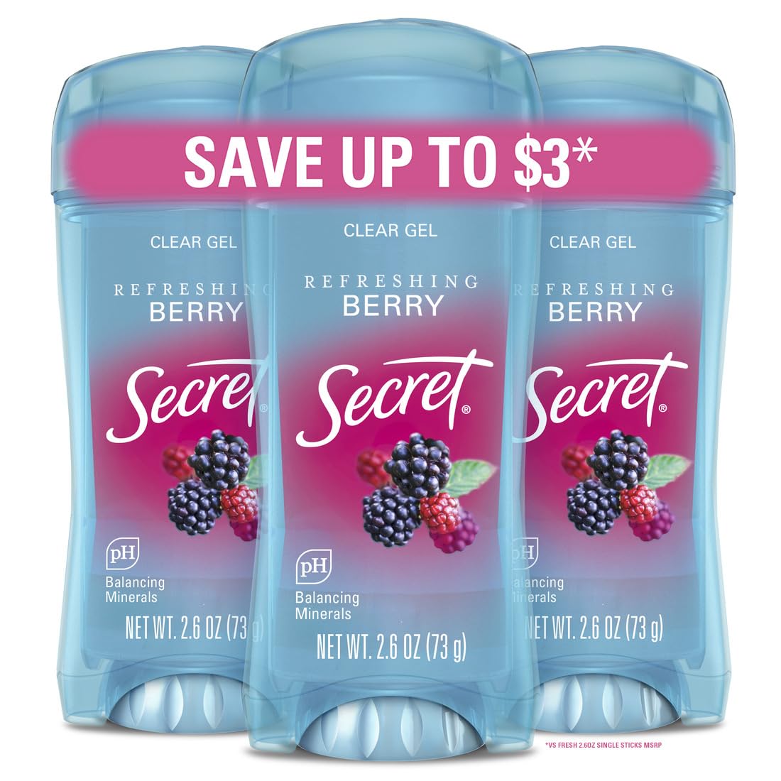 Secret Fresh Antiperspirant Deodorant for Women, 72hr Breathable Sweat & Odor Protection, Instant Freshness & Gentle, PH Balancing Minerals, Clear Gel, Cool Waterlily Scent, 2.6 oz (Pack of 3)