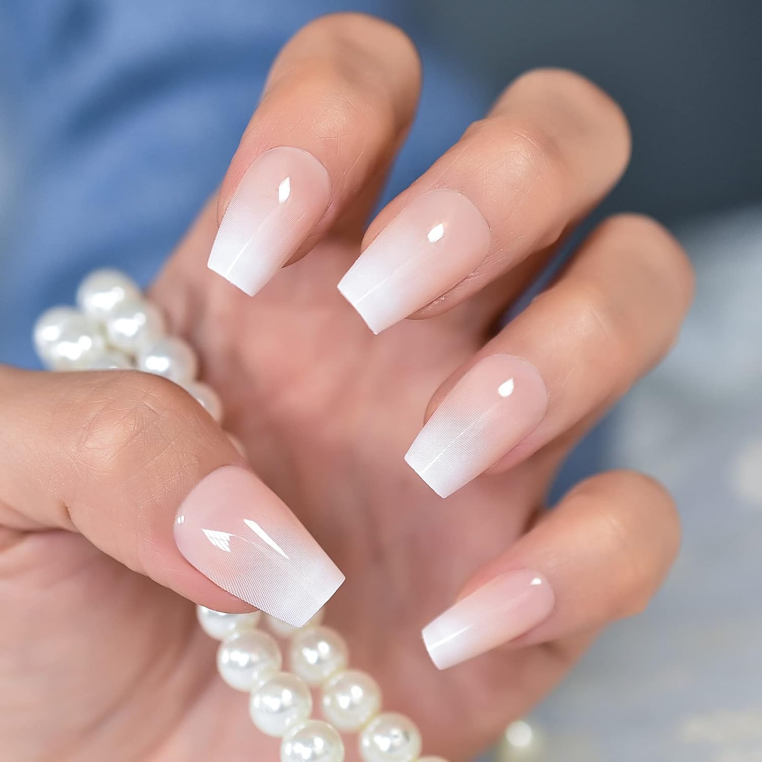 Buy now EchiQ Pearl Shine Glossy Fake Nails Shimmer White Square French Nail Ombre Faux Ongles Gradient Medium Fingernails with Gluetabs Nude pink at indiglob india
