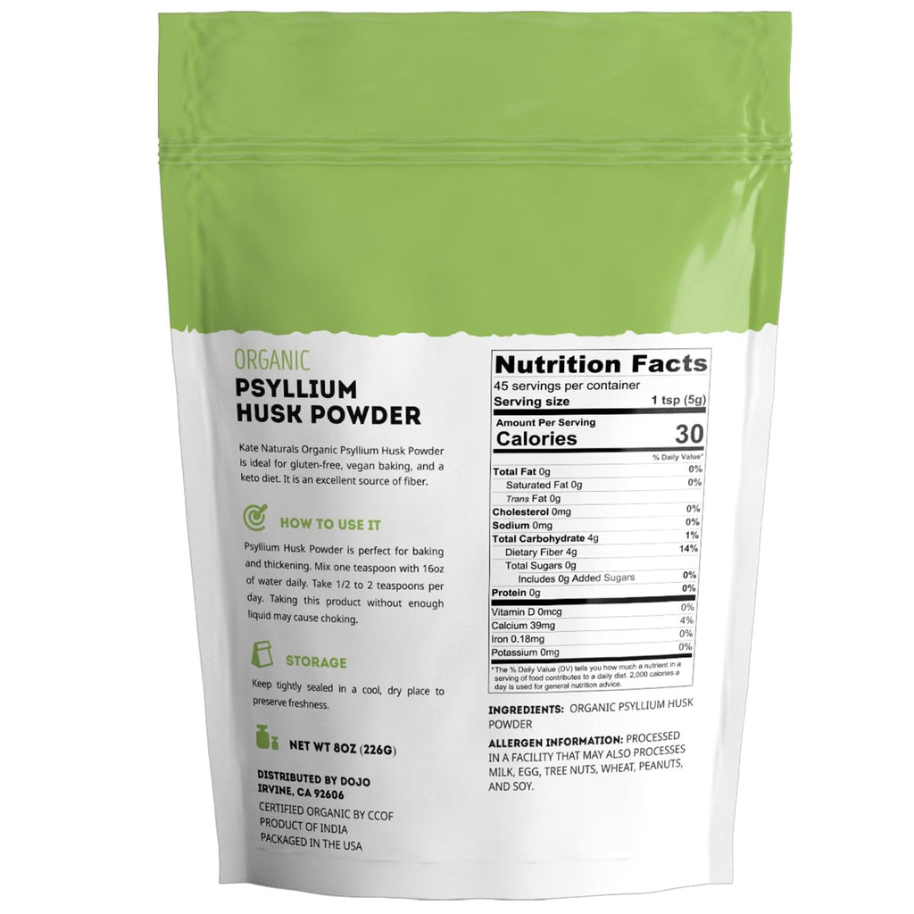 Kate Naturals Psyllium Husk Powder for Fiber and Baking Bread, 8oz | Organic, Gluten Free, Fine Ground, For Digestion, Mixes Easily with Juice & Smoothies