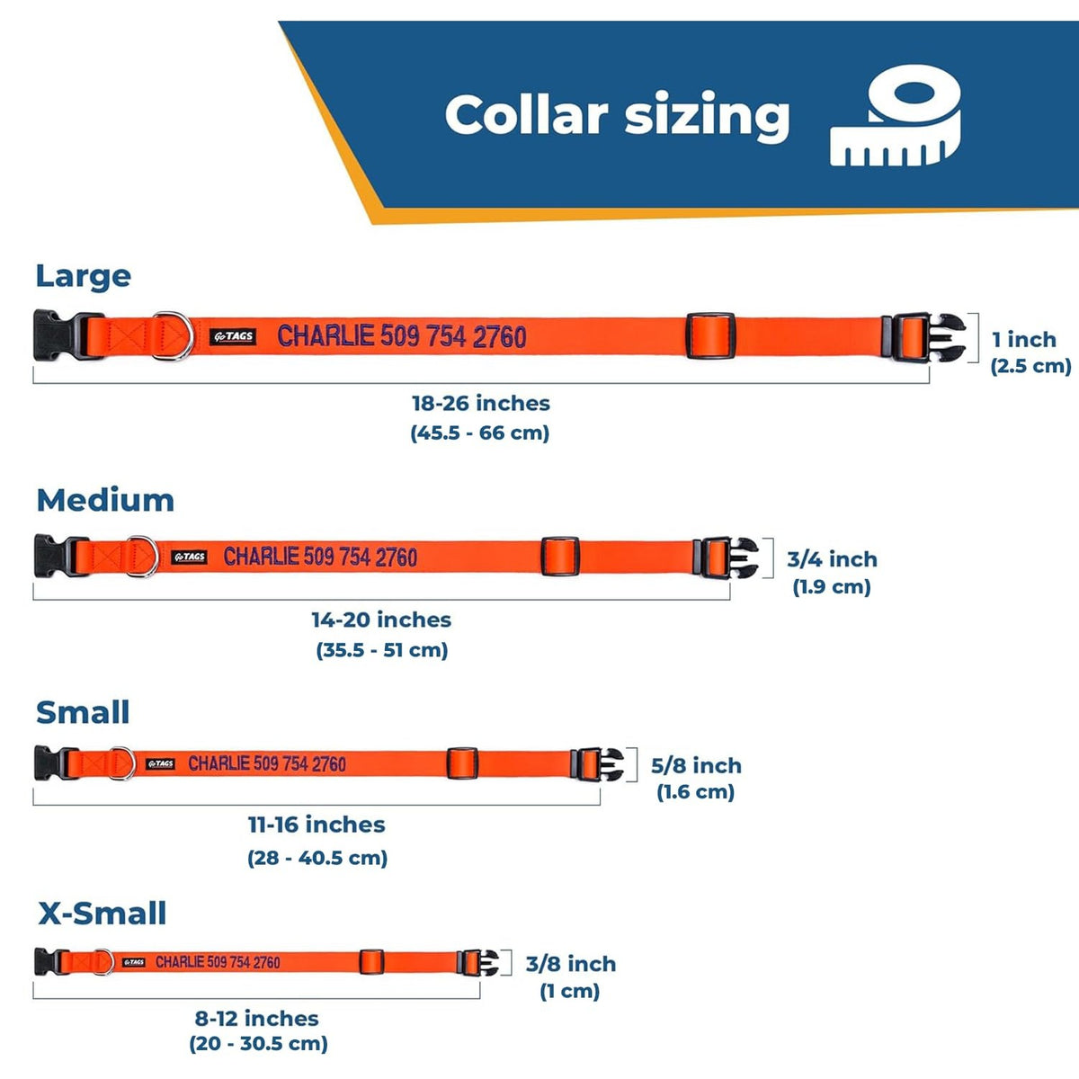 GoTags Personalized Dog Collar, Custom Embroidered with Pet Name and Number
