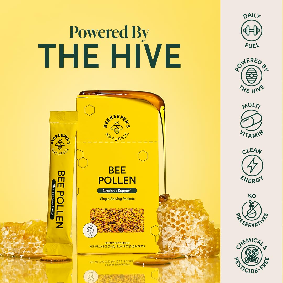 Beekeeper's Naturals 100% Raw Bee Pollen Stick Packs, Amino Acids, 15ct | Natural Preserved Enzymes, Source of Vitamin B, Minerals, Amino Acids & Protein, Paleo & Keto Friendly, Gluten Free