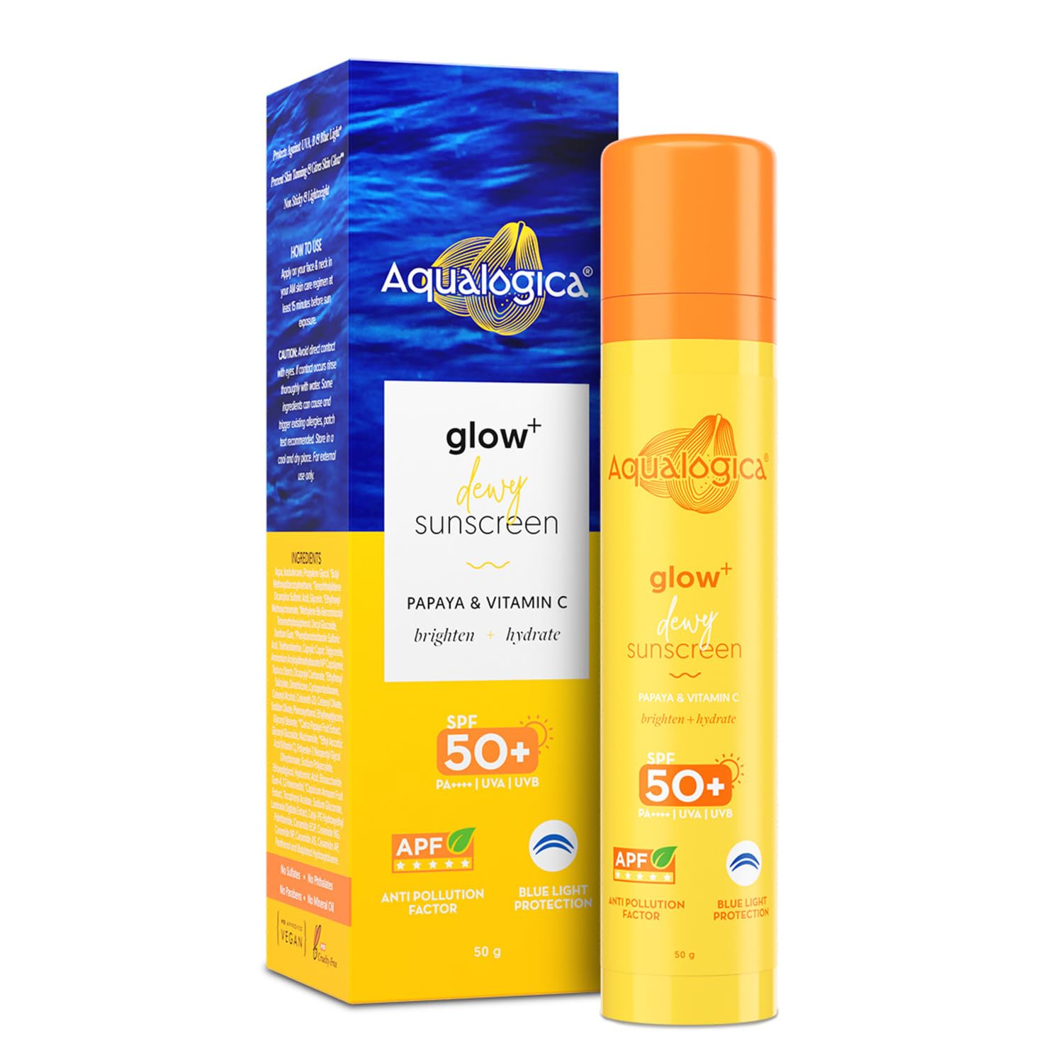 Buy now Aqualogica Glow+ Dewy Face Sunscreen with SPF 50+ & PA+++ | Blue Light Protection & No White Cast | Helps Give Glowing Skin with Papaya & Vitamin C | 1.76 Oz/50g at indiglob india